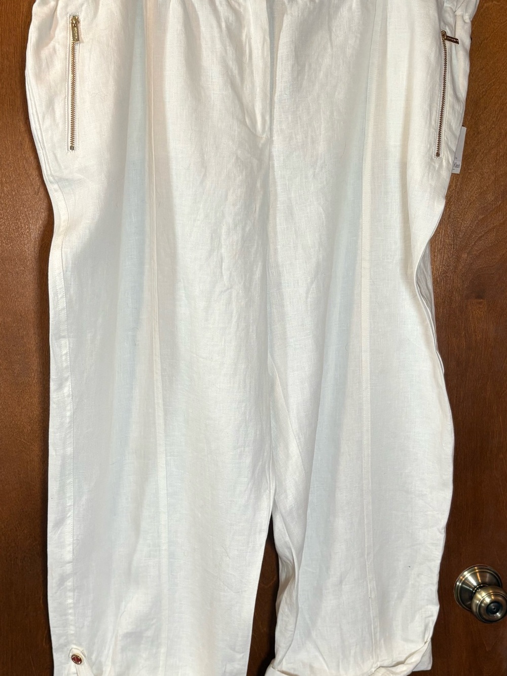 Calvin Klein White Linen Pants with Gold Button